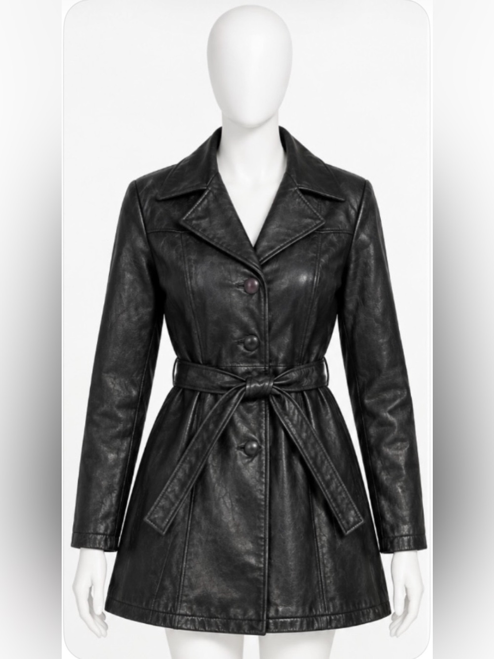 Vintage Jacqueline Ferrar Black Leather Jacket Belted Trench Coat Y2K 90s